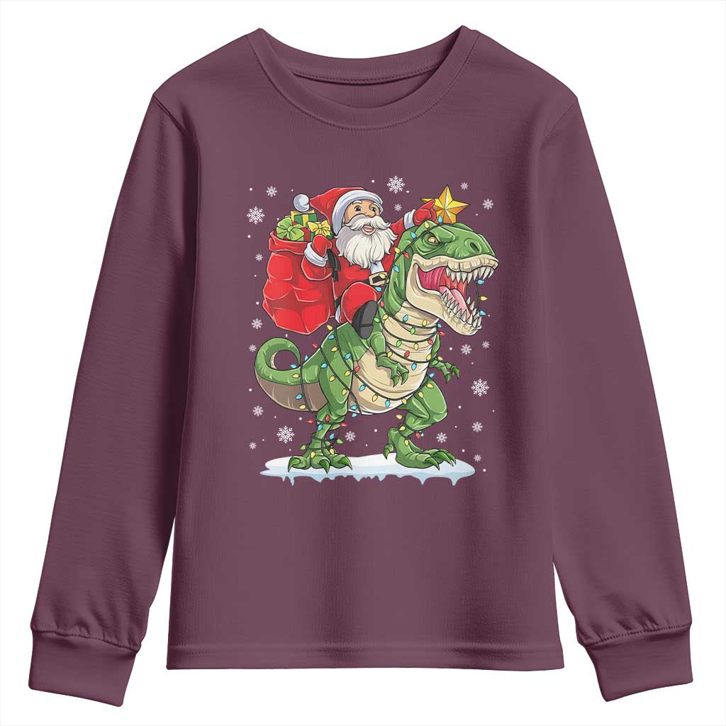 Funny Dinosaur Christmas Santa Claus Riding Dino Youth Sweatshirt TS11 Maroon Print Your Wear
