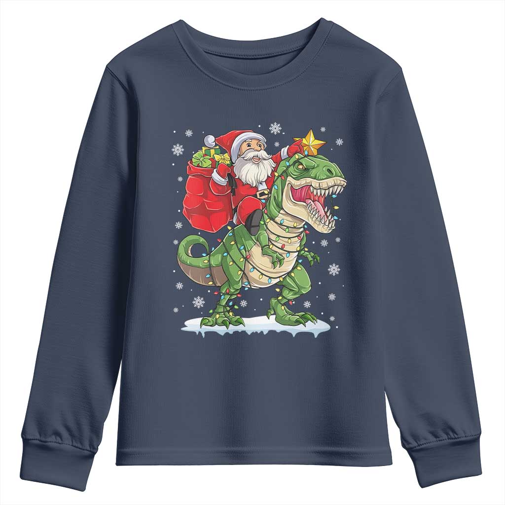 Funny Dinosaur Christmas Santa Claus Riding Dino Youth Sweatshirt TS11 Navy Print Your Wear