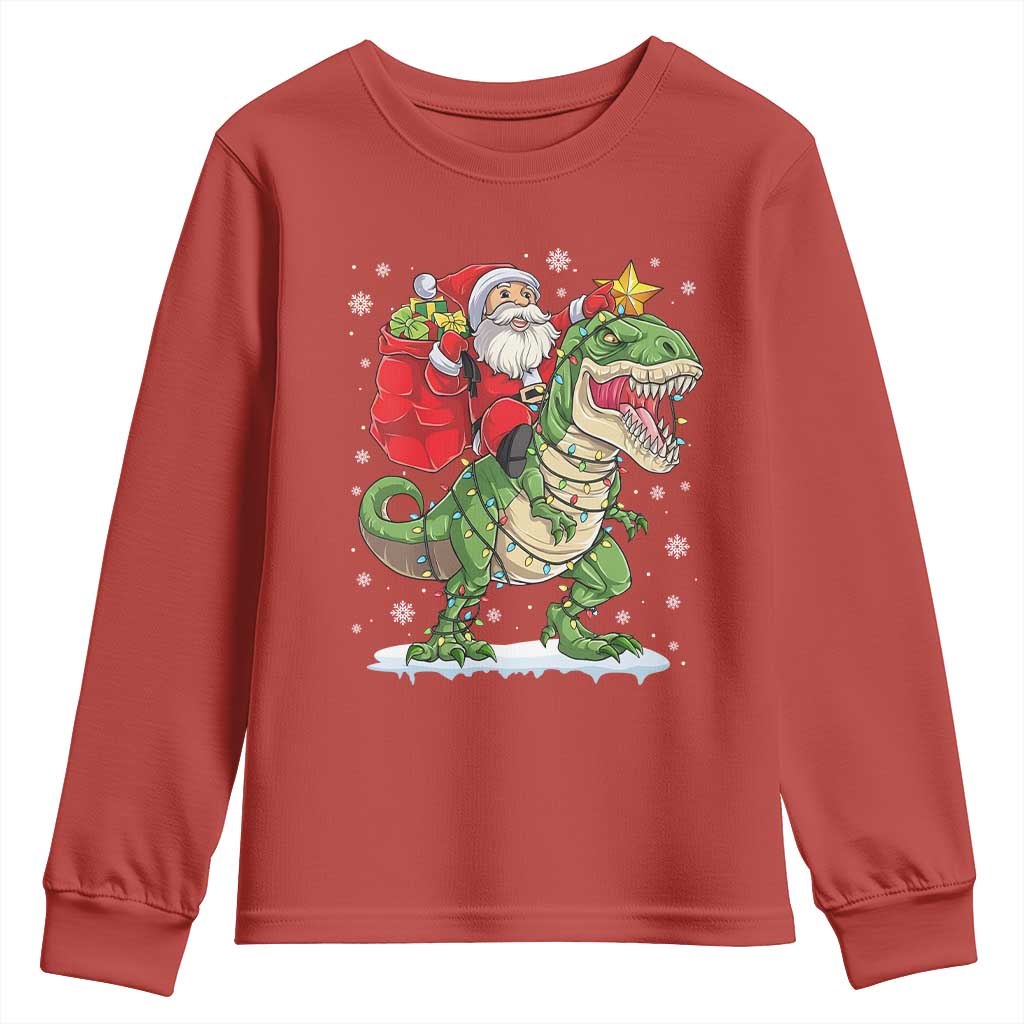 Funny Dinosaur Christmas Santa Claus Riding Dino Youth Sweatshirt TS11 Red Print Your Wear