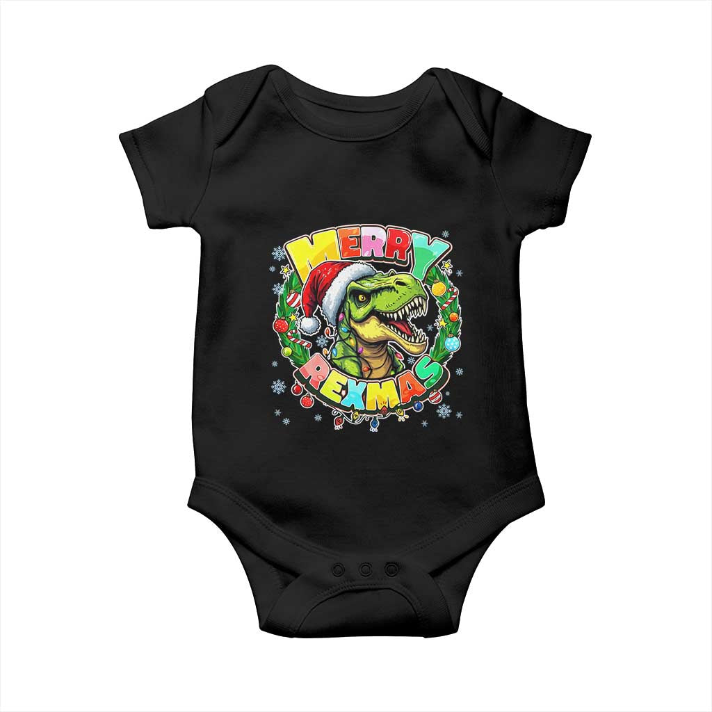 Funny Christmas Dinosaur Baby Onesie Merry Rexmas Dino Xmas Wreath TS11 Black Print Your Wear