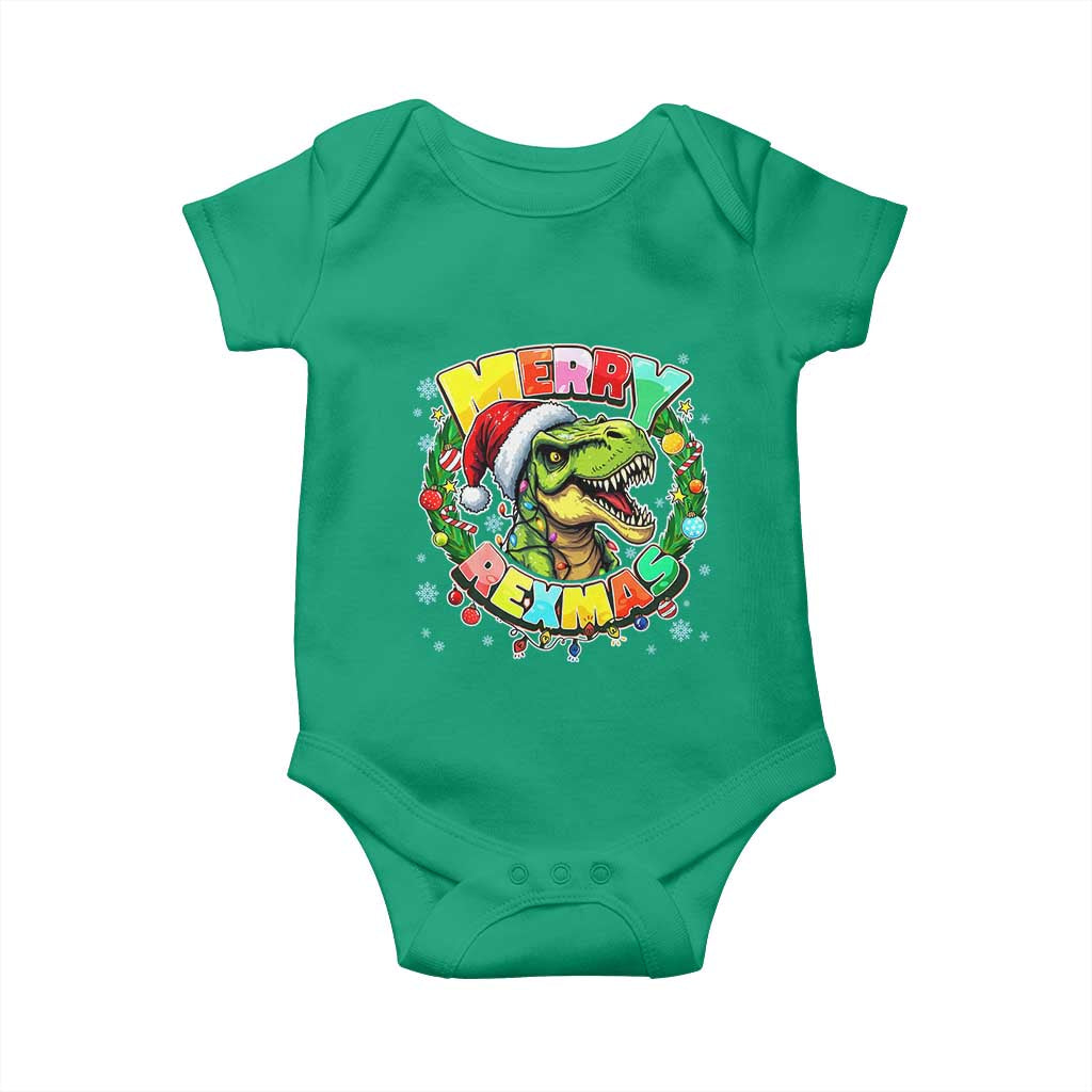 Funny Christmas Dinosaur Baby Onesie Merry Rexmas Dino Xmas Wreath TS11 Irish Green Print Your Wear