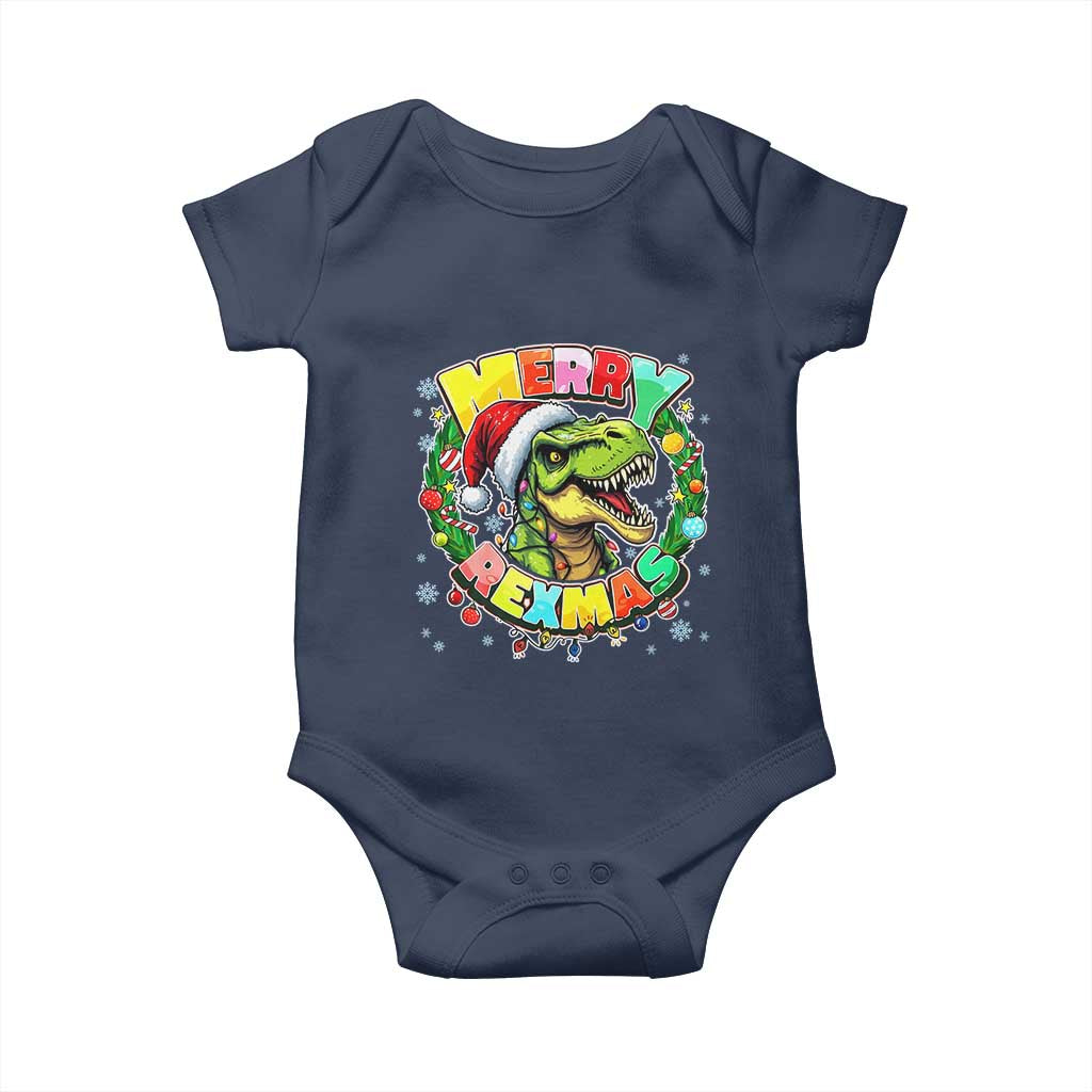Funny Christmas Dinosaur Baby Onesie Merry Rexmas Dino Xmas Wreath TS11 Navy Print Your Wear