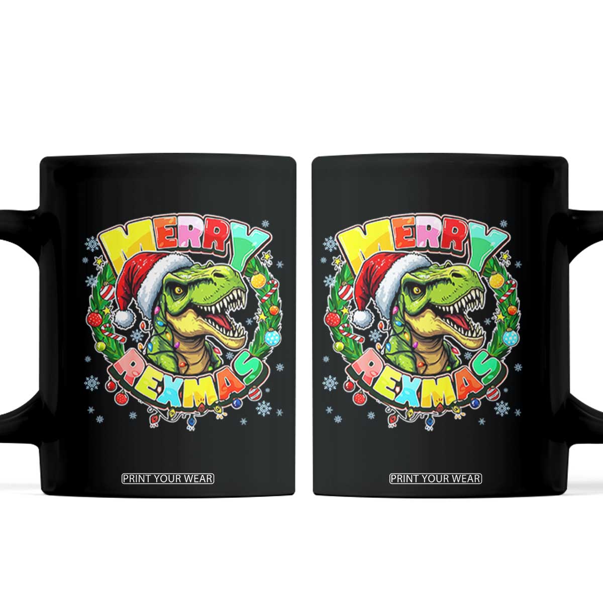 Funny Christmas Dinosaur Coffee Mug Merry Rexmas Dino Xmas Wreath TS11 Black Print Your Wear