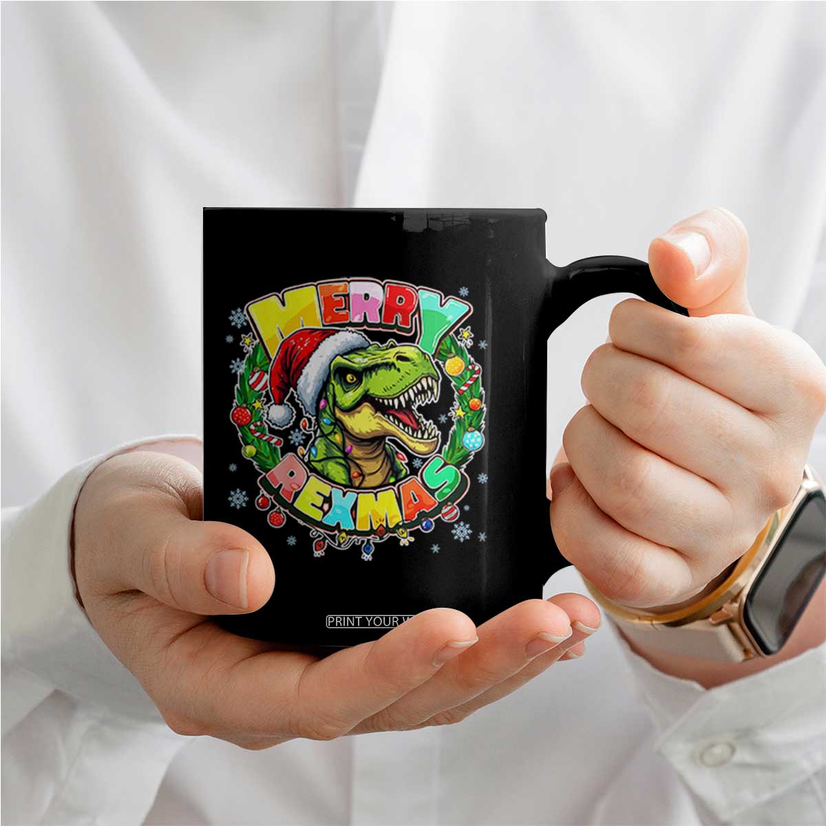 Funny Christmas Dinosaur Coffee Mug Merry Rexmas Dino Xmas Wreath TS11 Print Your Wear