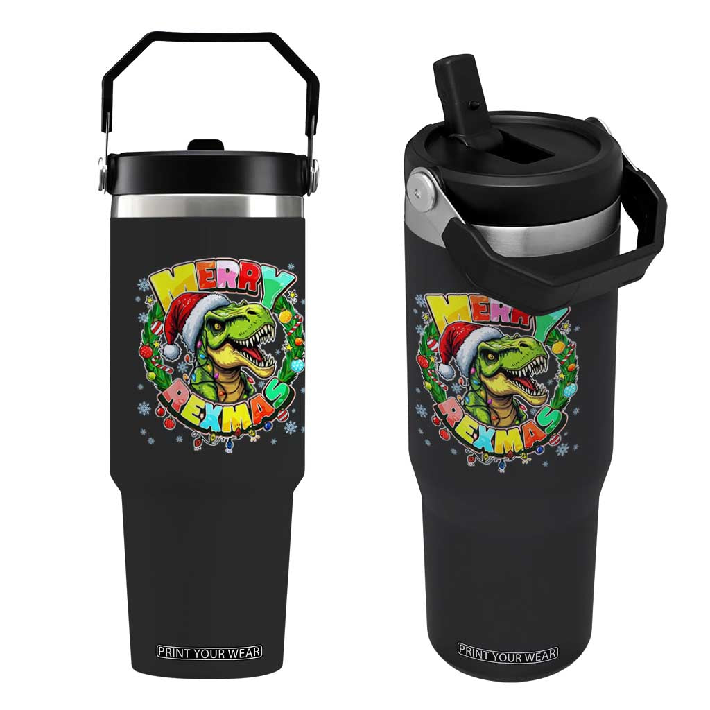 Funny Christmas Dinosaur Flip Straw Tumbler Merry Rexmas Dino Xmas Wreath TS11 One Size: 30 oz Black Print Your Wear