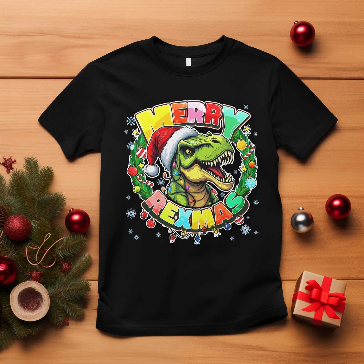 Funny Christmas Dinosaur T Shirt Merry Rexmas Dino Xmas Wreath TS11 Black Print Your Wear