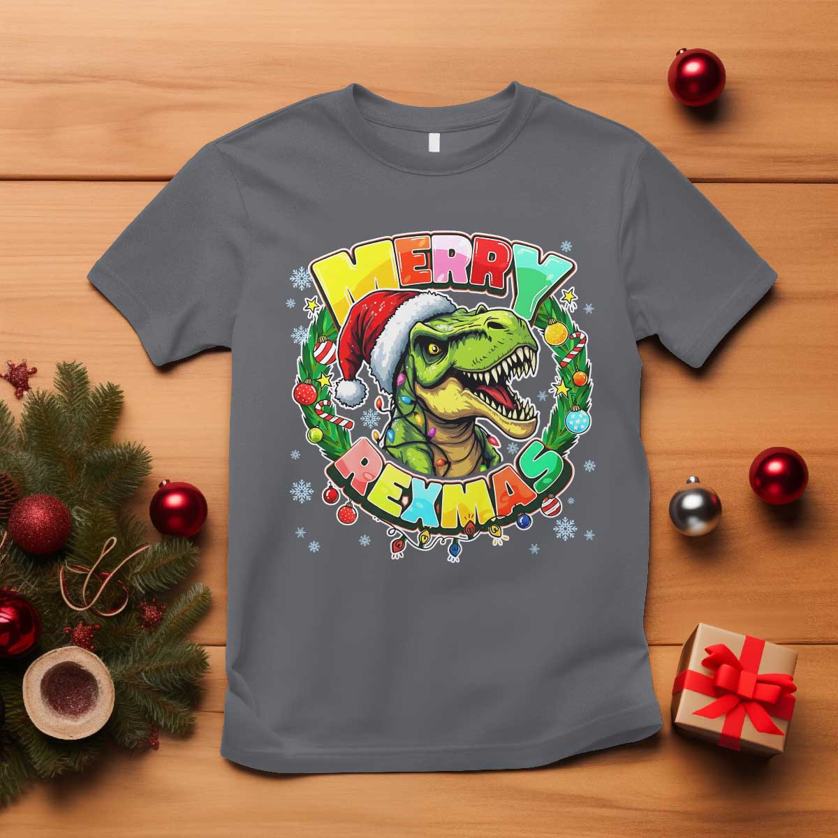 Funny Christmas Dinosaur T Shirt Merry Rexmas Dino Xmas Wreath TS11 Charcoal Print Your Wear