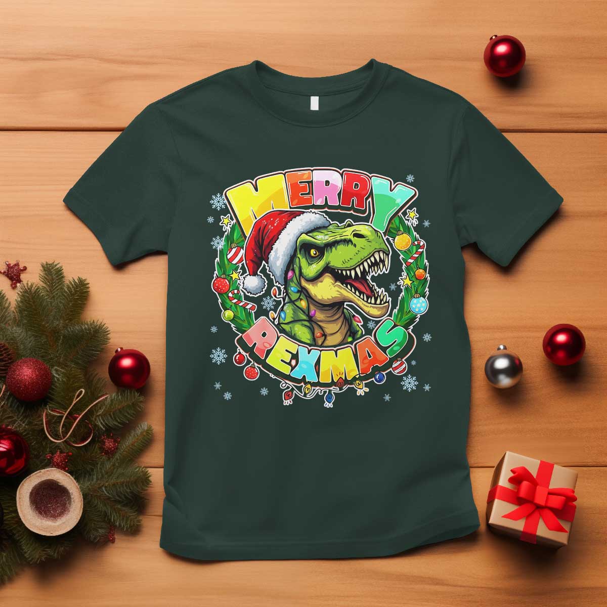 Funny Christmas Dinosaur T Shirt Merry Rexmas Dino Xmas Wreath TS11 Dark Forest Green Print Your Wear