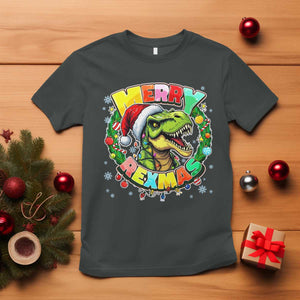 Funny Christmas Dinosaur T Shirt Merry Rexmas Dino Xmas Wreath TS11 Dark Heather Print Your Wear