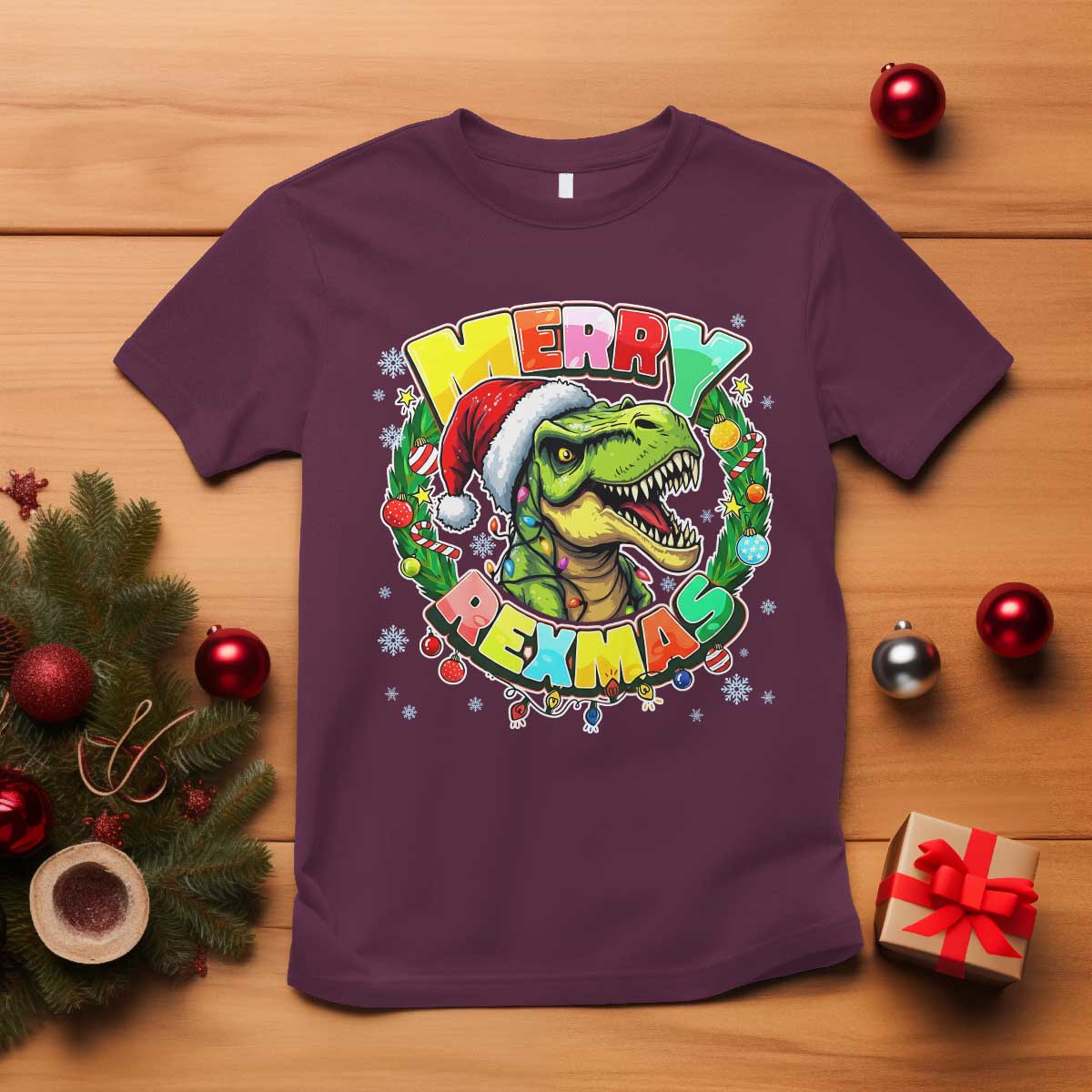 Funny Christmas Dinosaur T Shirt Merry Rexmas Dino Xmas Wreath TS11 Maroon Print Your Wear