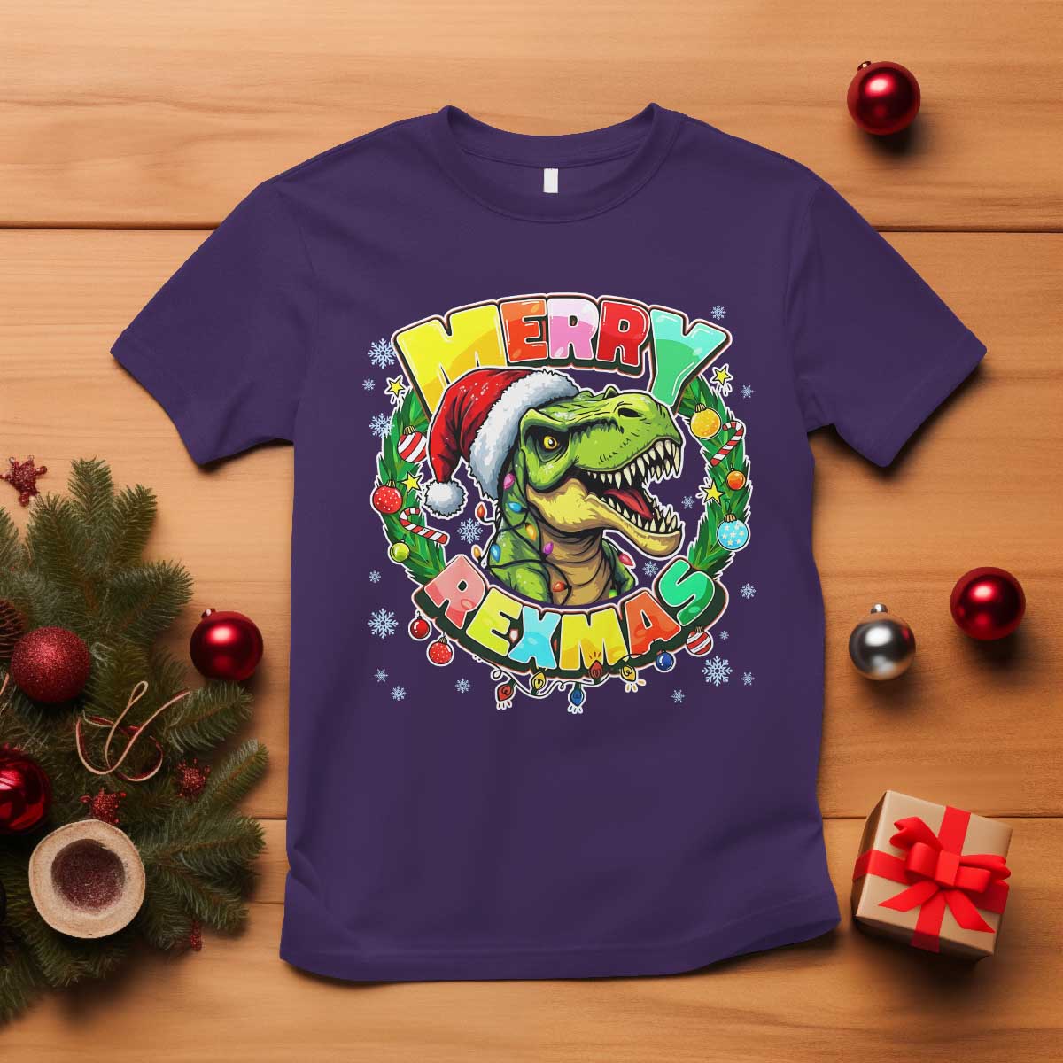 Funny Christmas Dinosaur T Shirt Merry Rexmas Dino Xmas Wreath TS11 Purple Print Your Wear
