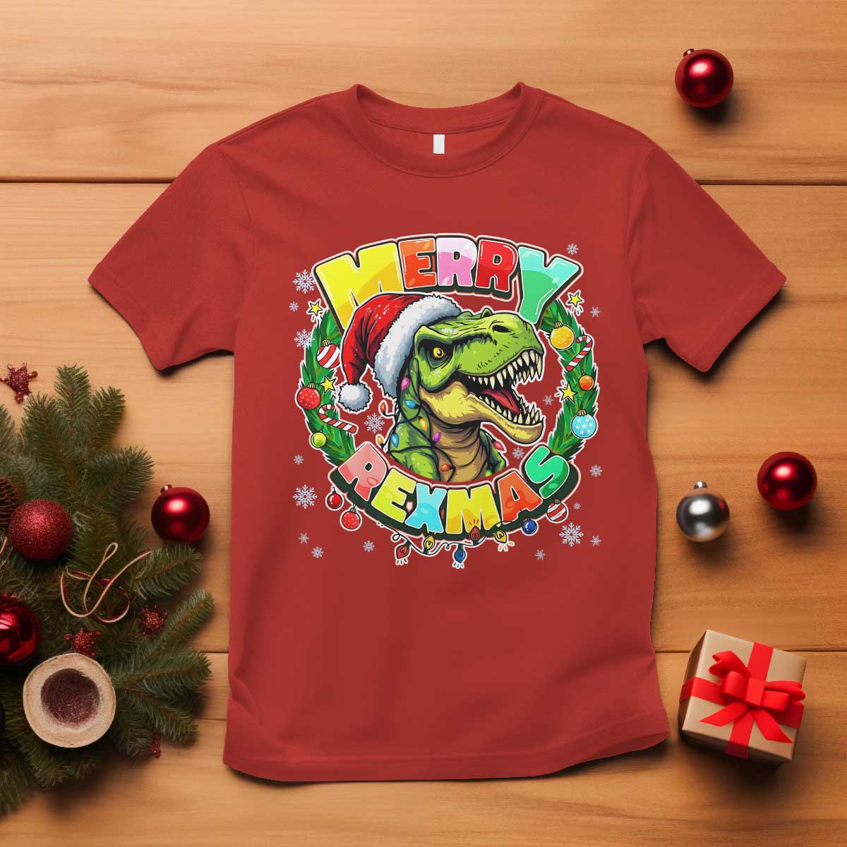 Funny Christmas Dinosaur T Shirt Merry Rexmas Dino Xmas Wreath TS11 Red Print Your Wear