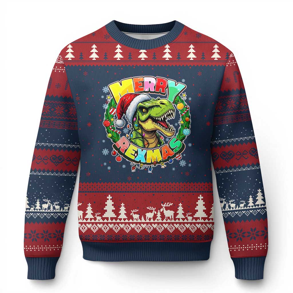 Funny Xmas Dinosaur Ugly Christmas Sweater Merry Rexmas Dino Xmas Wreath TS11 Navy Red Print Your Wear