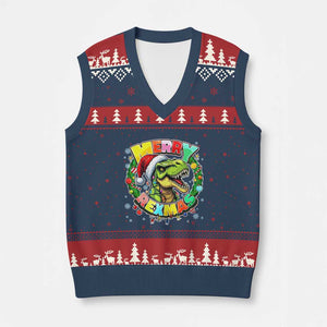 Funny Xmas Dinosaur V-Neck Knit Sweater Vest Merry Rexmas Dino Xmas Wreath TS11 Navy Red Print Your Wear