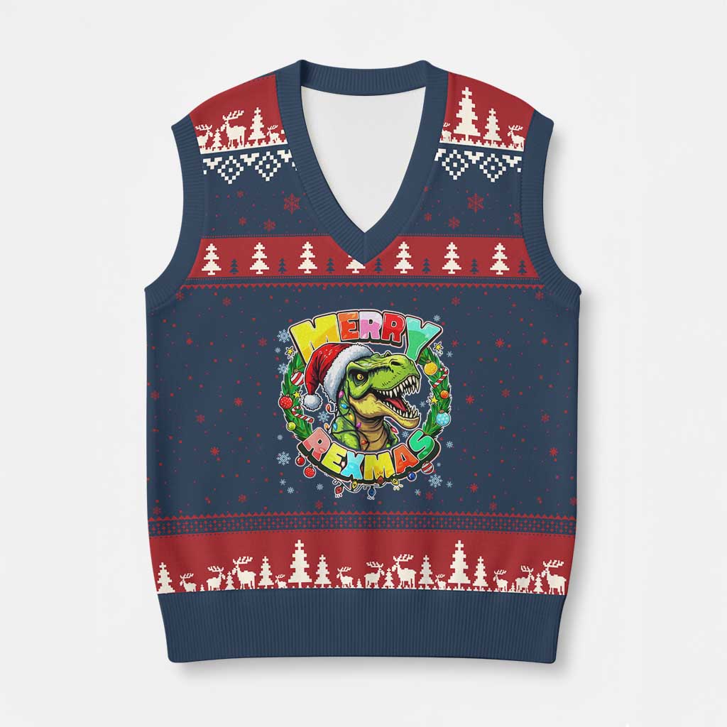 Funny Xmas Dinosaur V-Neck Knit Sweater Vest Merry Rexmas Dino Xmas Wreath TS11 Navy Red Print Your Wear