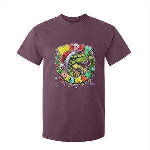 Funny Christmas Dinosaur T Shirt For Kid Merry Rexmas Dino Xmas Wreath TS11 Maroon Print Your Wear