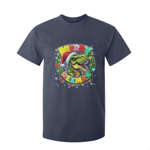 Funny Christmas Dinosaur T Shirt For Kid Merry Rexmas Dino Xmas Wreath TS11 Navy Print Your Wear