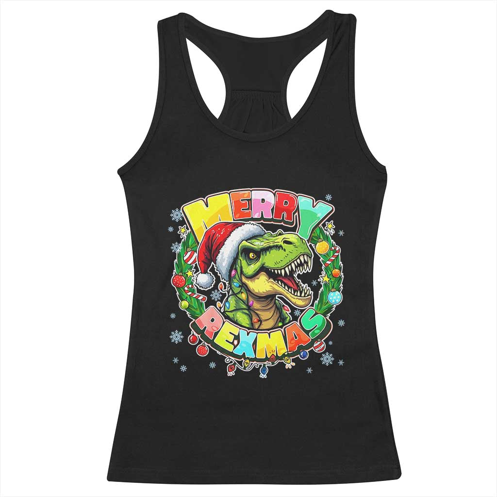 Funny Christmas Dinosaur Racerback Tank Top Merry Rexmas Dino Xmas Wreath TS11 Black Print Your Wear