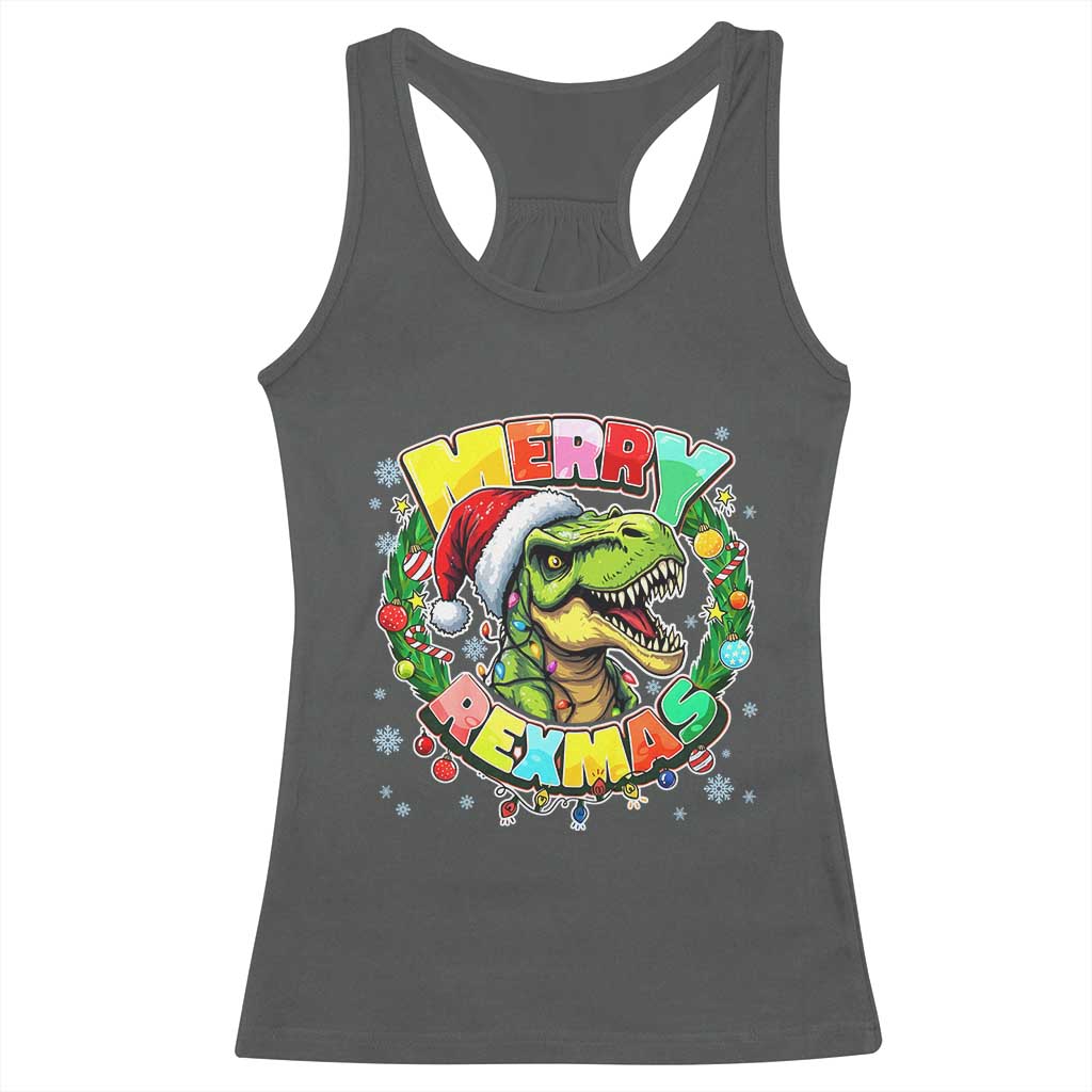 Funny Christmas Dinosaur Racerback Tank Top Merry Rexmas Dino Xmas Wreath TS11 Dark Heather Print Your Wear