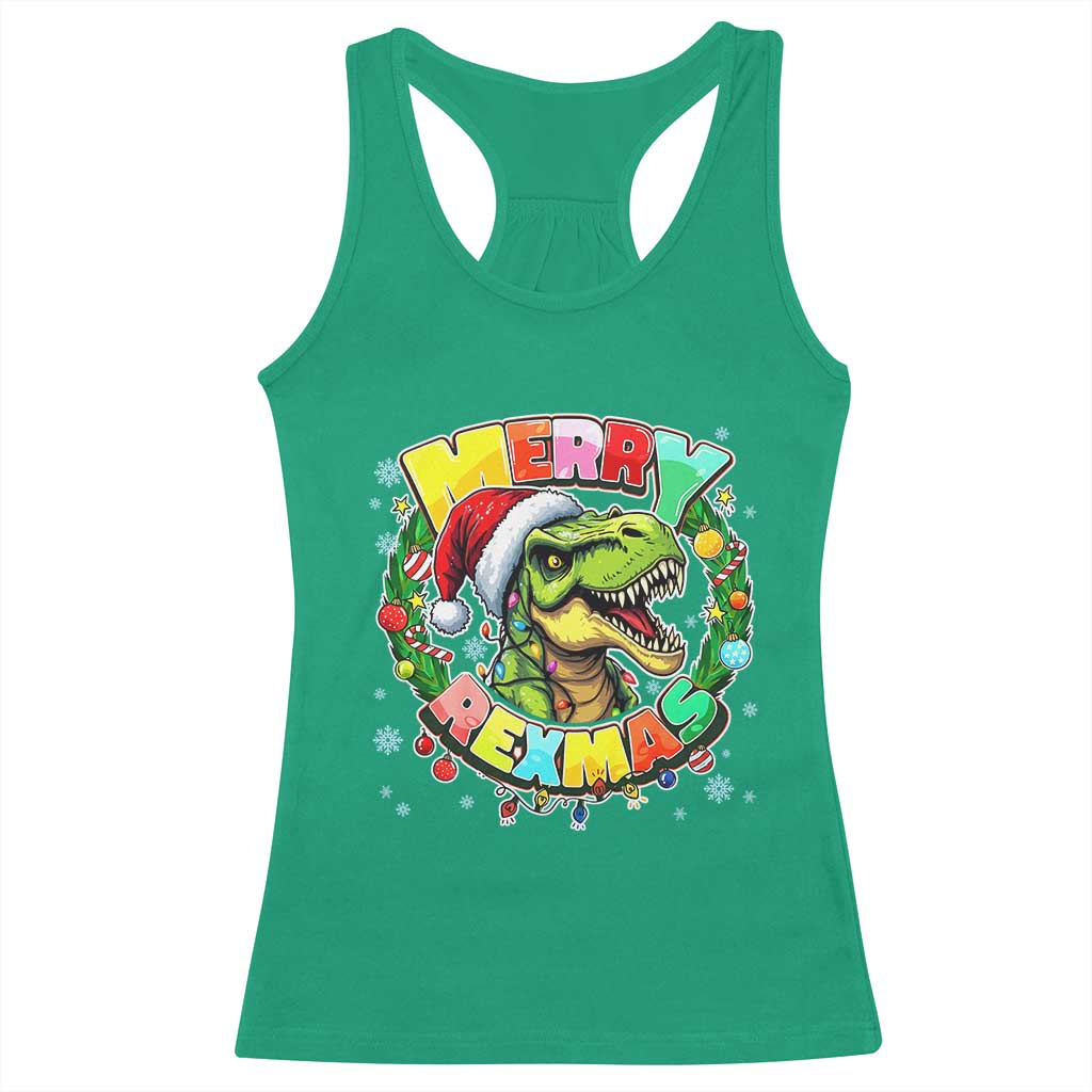 Funny Christmas Dinosaur Racerback Tank Top Merry Rexmas Dino Xmas Wreath TS11 Irish Green Print Your Wear