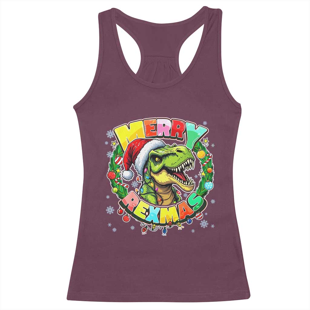 Funny Christmas Dinosaur Racerback Tank Top Merry Rexmas Dino Xmas Wreath TS11 Maroon Print Your Wear