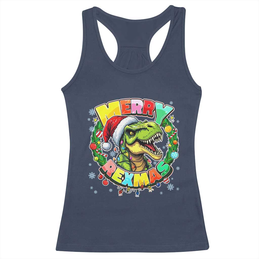 Funny Christmas Dinosaur Racerback Tank Top Merry Rexmas Dino Xmas Wreath TS11 Navy Print Your Wear