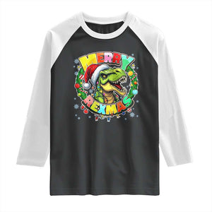 Funny Christmas Dinosaur Raglan Shirt Merry Rexmas Dino Xmas Wreath TS11 Black White Print Your Wear