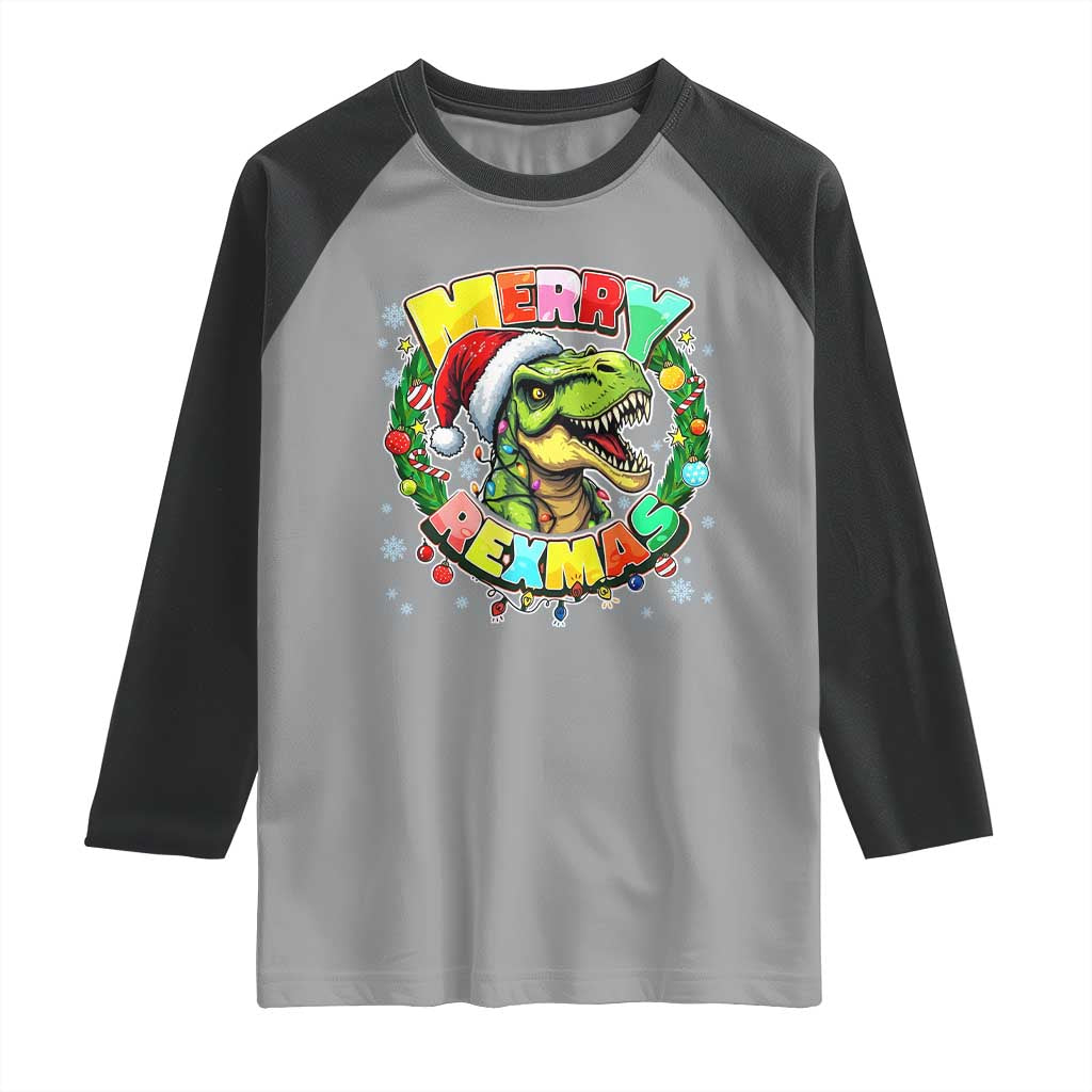 Funny Christmas Dinosaur Raglan Shirt Merry Rexmas Dino Xmas Wreath TS11 Sport Gray Black Print Your Wear
