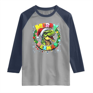 Funny Christmas Dinosaur Raglan Shirt Merry Rexmas Dino Xmas Wreath TS11 Sport Gray Navy Print Your Wear