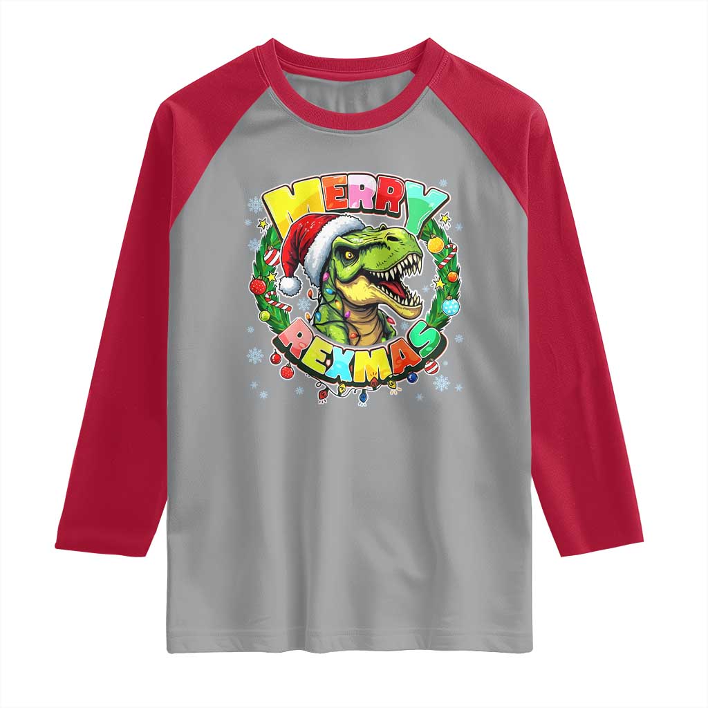 Funny Christmas Dinosaur Raglan Shirt Merry Rexmas Dino Xmas Wreath TS11 Sport Gray Red Print Your Wear