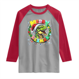 Funny Christmas Dinosaur Raglan Shirt Merry Rexmas Dino Xmas Wreath TS11 Sport Gray Red Print Your Wear