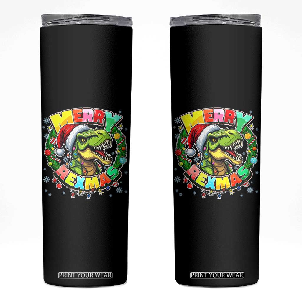 Funny Christmas Dinosaur Skinny Tumbler Merry Rexmas Dino Xmas Wreath TS11 Black Print Your Wear