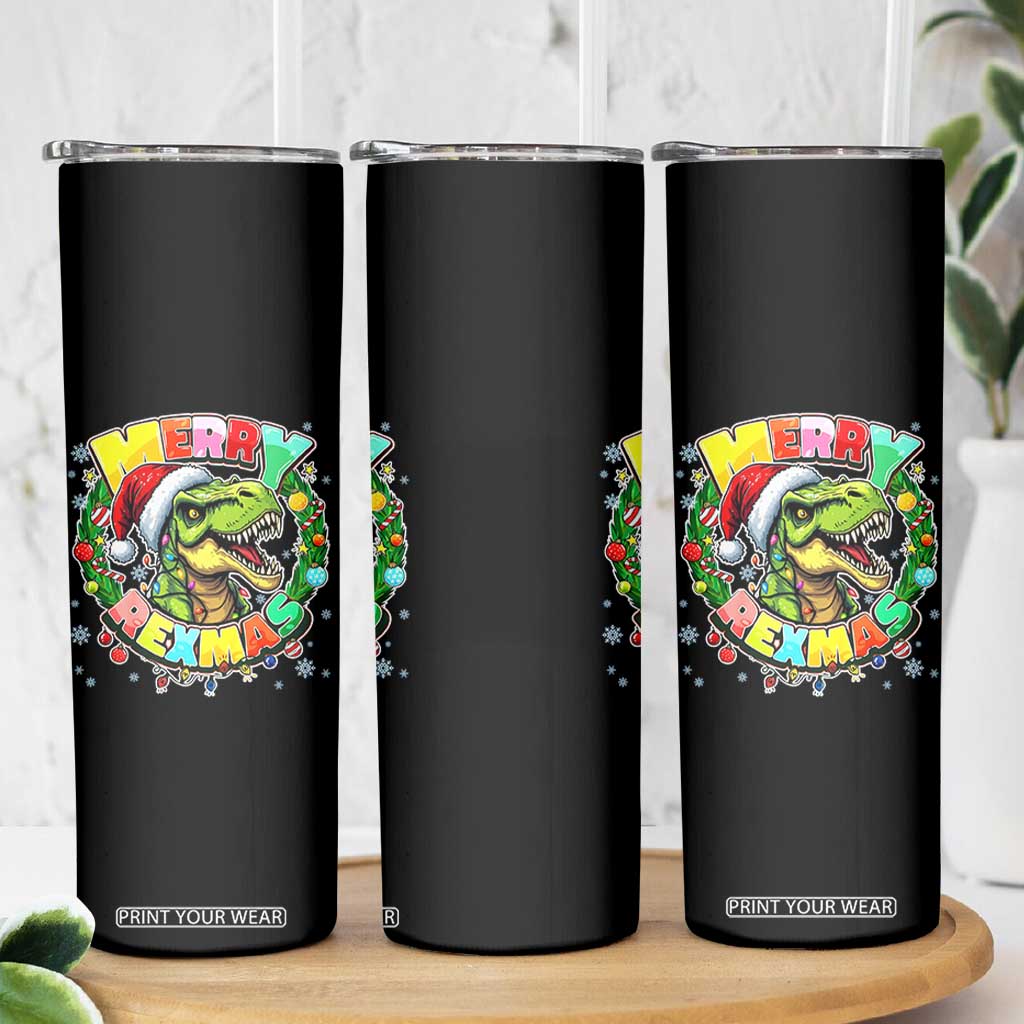 Funny Christmas Dinosaur Skinny Tumbler Merry Rexmas Dino Xmas Wreath TS11 Print Your Wear