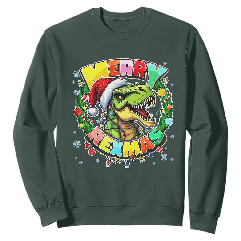 Funny Christmas Dinosaur Sweatshirt Merry Rexmas Dino Xmas Wreath TS11 Dark Forest Green Print Your Wear