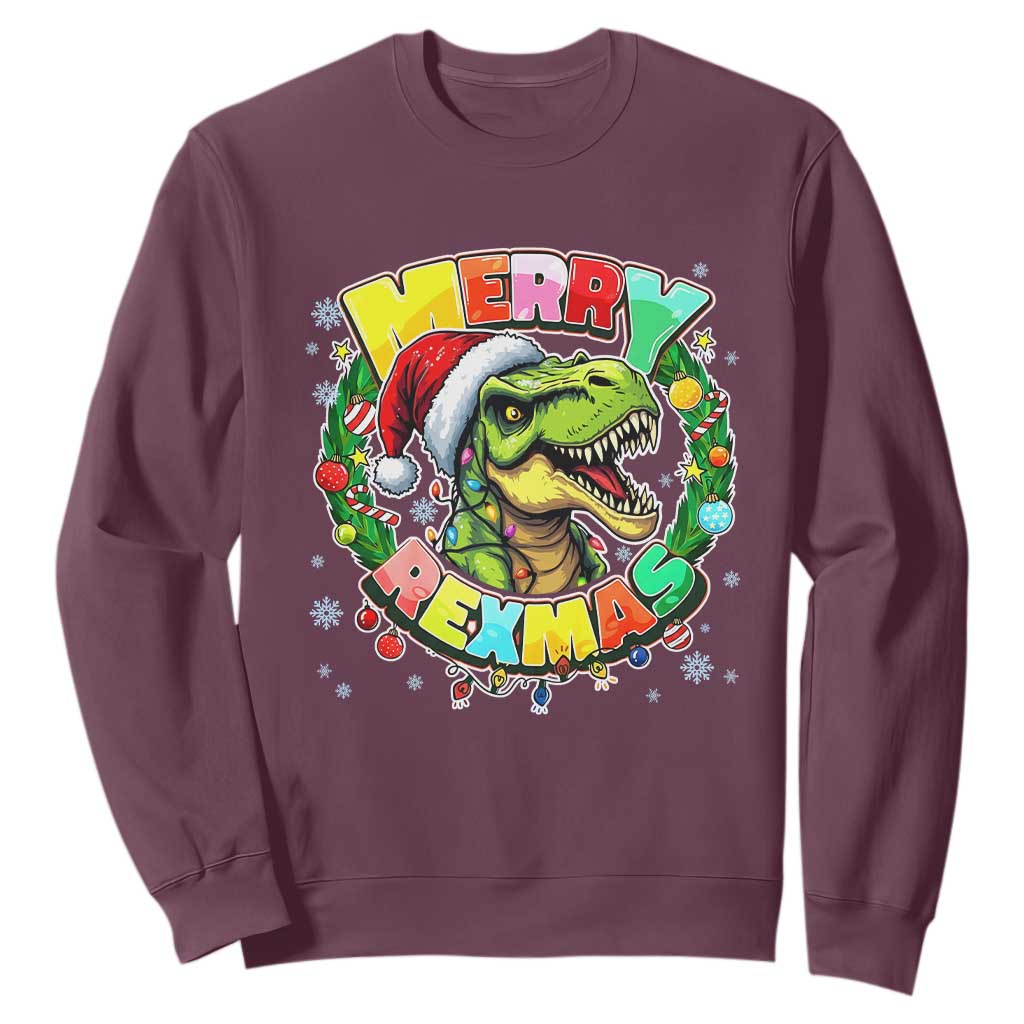 Funny Christmas Dinosaur Sweatshirt Merry Rexmas Dino Xmas Wreath TS11 Maroon Print Your Wear