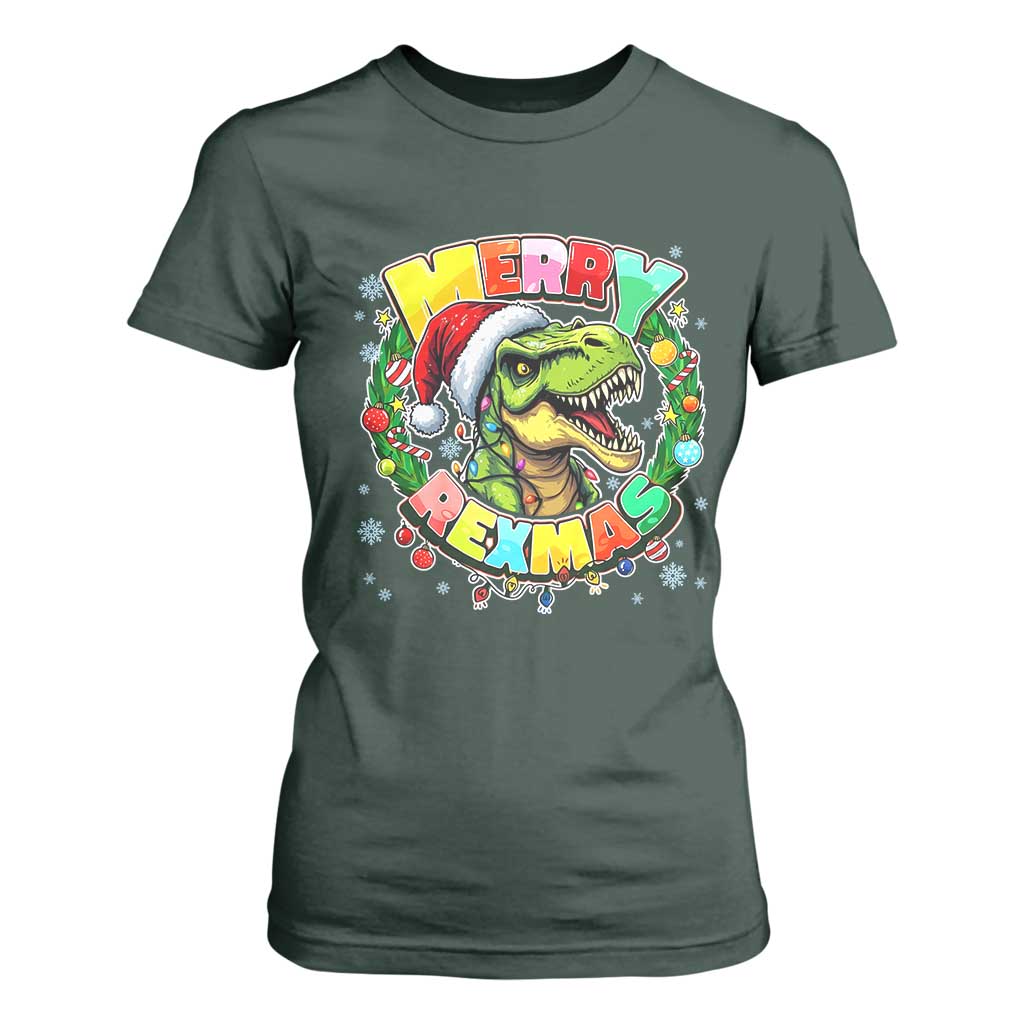 Funny Christmas Dinosaur T Shirt For Women Merry Rexmas Dino Xmas Wreath TS11 Dark Forest Green Print Your Wear