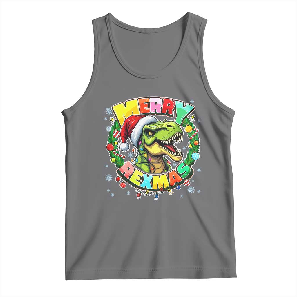 Funny Christmas Dinosaur Tank Top Merry Rexmas Dino Xmas Wreath TS11 Black Heather Print Your Wear