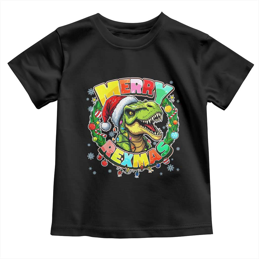Funny Christmas Dinosaur Toddler T Shirt Merry Rexmas Dino Xmas Wreath TS11 Black Print Your Wear