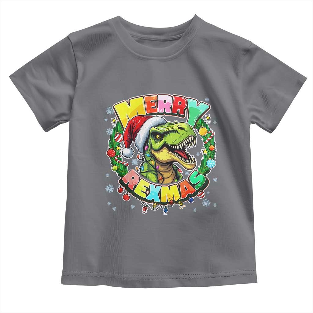 Funny Christmas Dinosaur Toddler T Shirt Merry Rexmas Dino Xmas Wreath TS11 Charcoal Print Your Wear