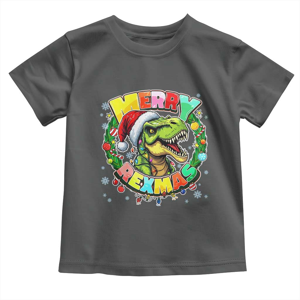 Funny Christmas Dinosaur Toddler T Shirt Merry Rexmas Dino Xmas Wreath TS11 Dark Heather Print Your Wear