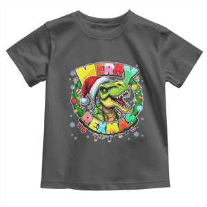 Funny Christmas Dinosaur Toddler T Shirt Merry Rexmas Dino Xmas Wreath TS11 Dark Heather Print Your Wear