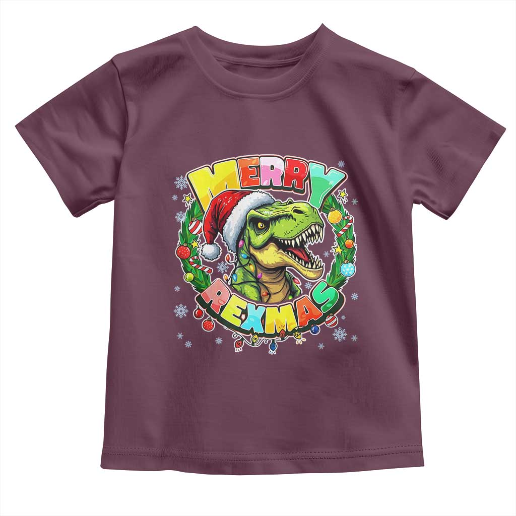 Funny Christmas Dinosaur Toddler T Shirt Merry Rexmas Dino Xmas Wreath TS11 Maroon Print Your Wear