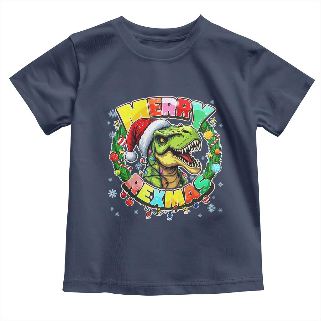 Funny Christmas Dinosaur Toddler T Shirt Merry Rexmas Dino Xmas Wreath TS11 Navy Print Your Wear