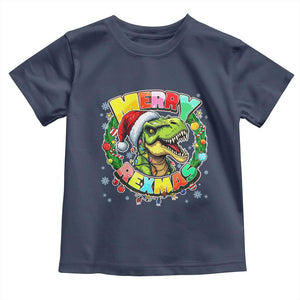 Funny Christmas Dinosaur Toddler T Shirt Merry Rexmas Dino Xmas Wreath TS11 Navy Print Your Wear