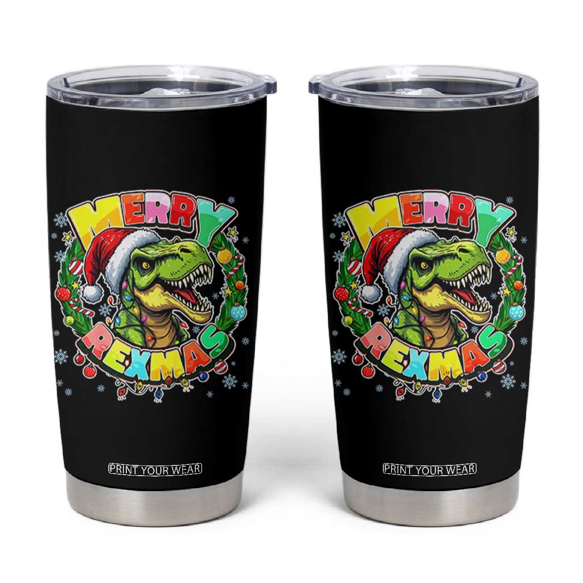 Funny Christmas Dinosaur Tumbler Cup Merry Rexmas Dino Xmas Wreath TS11 Black Print Your Wear
