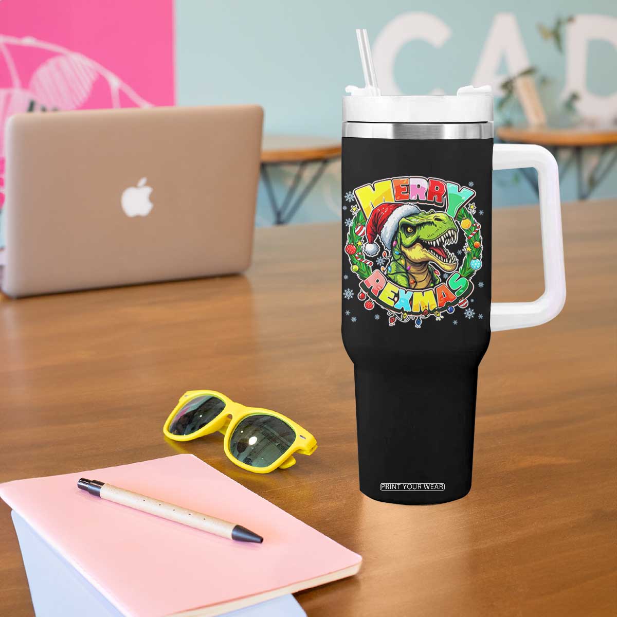 Funny Christmas Dinosaur Tumbler With Handle Merry Rexmas Dino Xmas Wreath TS11 Print Your Wear