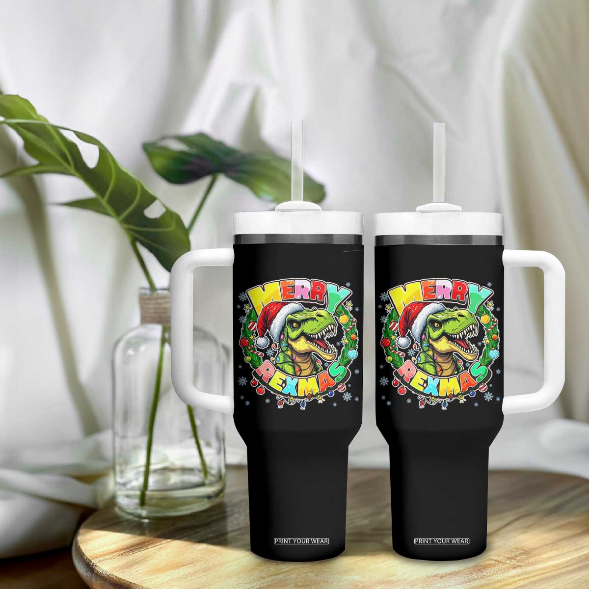 Funny Christmas Dinosaur Tumbler With Handle Merry Rexmas Dino Xmas Wreath TS11 Print Your Wear
