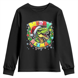 Funny Christmas Dinosaur Youth Sweatshirt Merry Rexmas Dino Xmas Wreath TS11 Black Print Your Wear