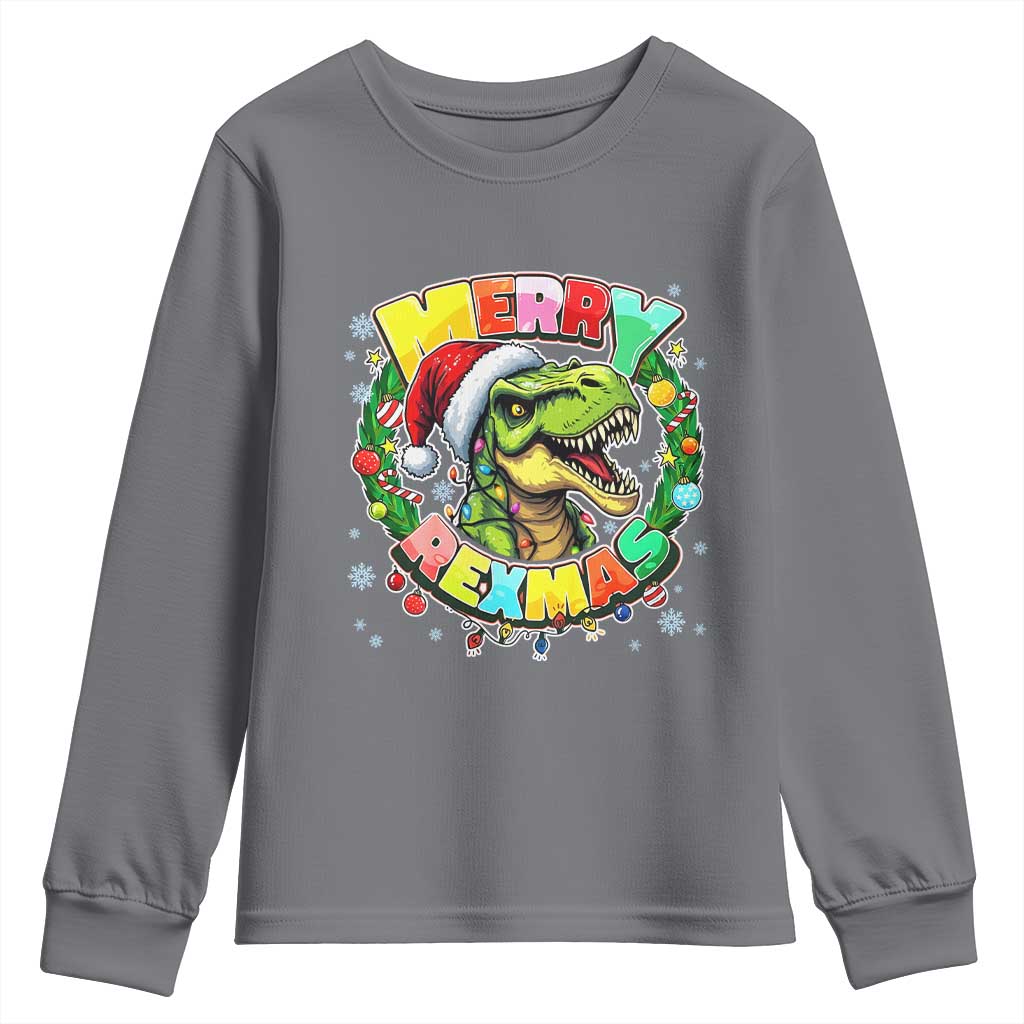 Funny Christmas Dinosaur Youth Sweatshirt Merry Rexmas Dino Xmas Wreath TS11 Charcoal Print Your Wear