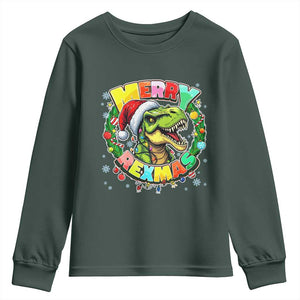 Funny Christmas Dinosaur Youth Sweatshirt Merry Rexmas Dino Xmas Wreath TS11 Dark Forest Green Print Your Wear